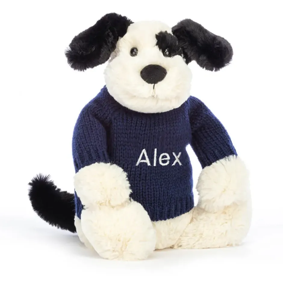 Bashful Black & Cream Puppy with Personalised Navy Jumper Sale
