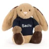 Bashful Patchwork Brown Bunny with Personalised Navy Jumper