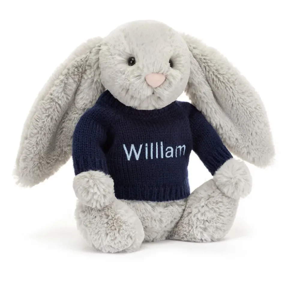 Bashful Silver Bunny with Personalised Navy Jumper Discount