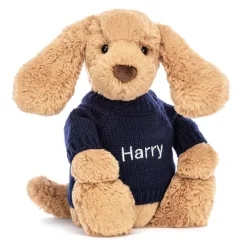 Bashful Toffee Puppy with Personalised Navy Jumper Outlet